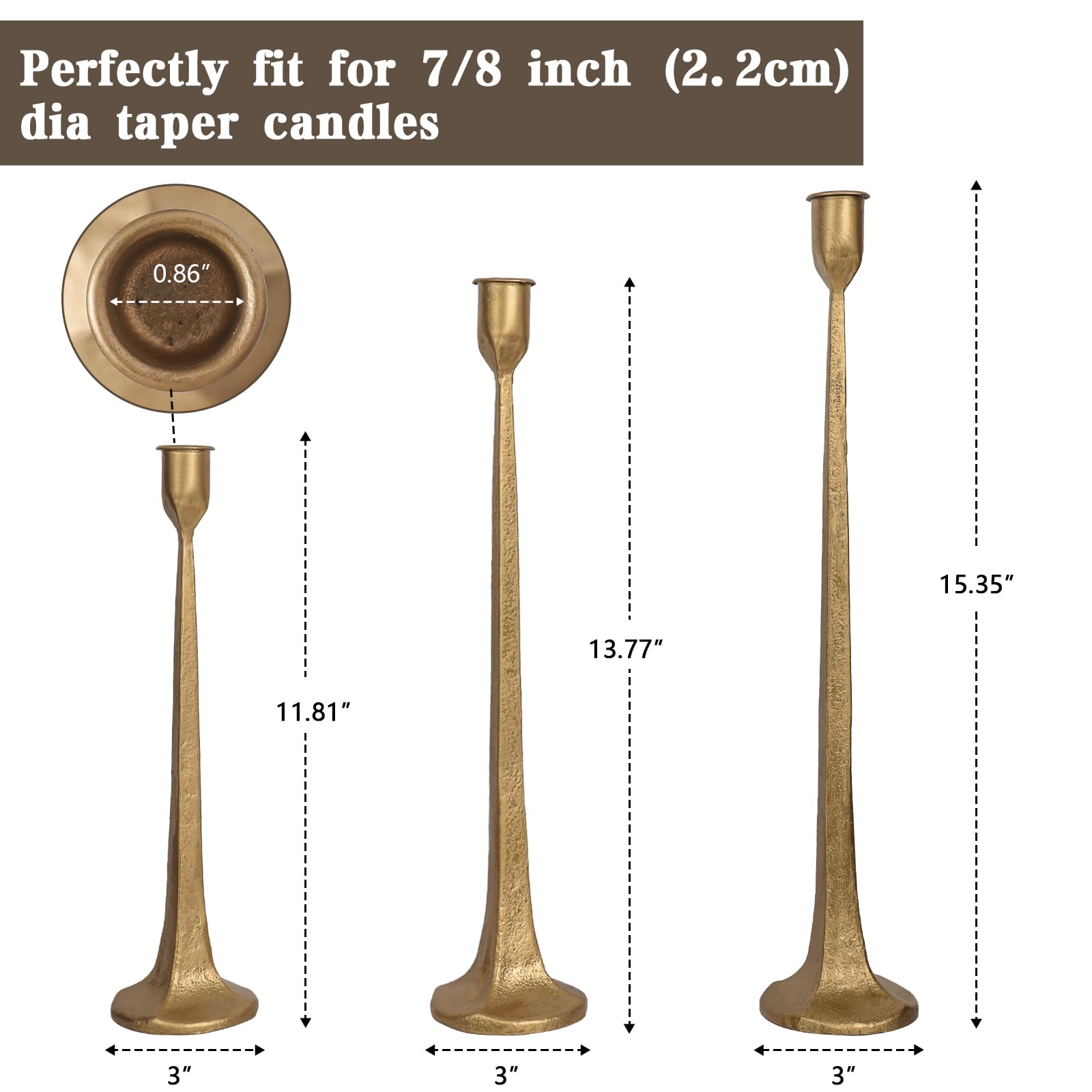 Set di 3 portacandele in ferro, alti e decorativi, per matrimoni, tavolo da pranzo, decorazioni per feste (ottone anticato)