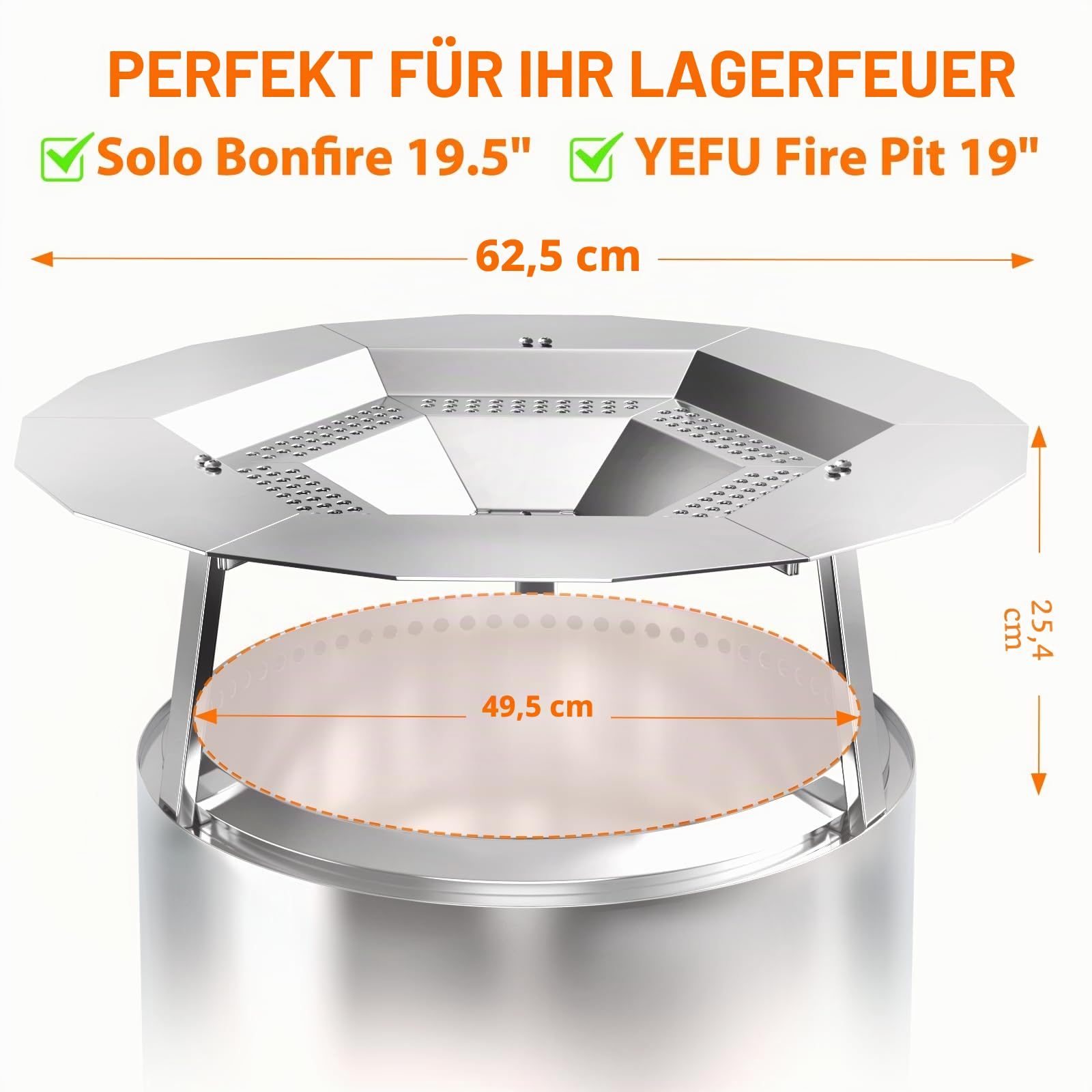 Wärmeabweiser für Soloofen, Lagerfeuer, 49,5 cm, 304 Edelstahl, tragbarer Wärmeverteiler mit Griff und Beinzubehör für Lagerfeuer, fängt Wärme um, für Solo-Herd-Zubehör