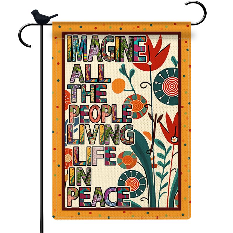 Hippie Funny Flag Imagine All The People Living Life In Peace Garden Flag Spring Summer Inspirational Burlap Yard Outside Decorations Peace Sign for Patio Lawn Home Outdoor Decor 12.5x18 In