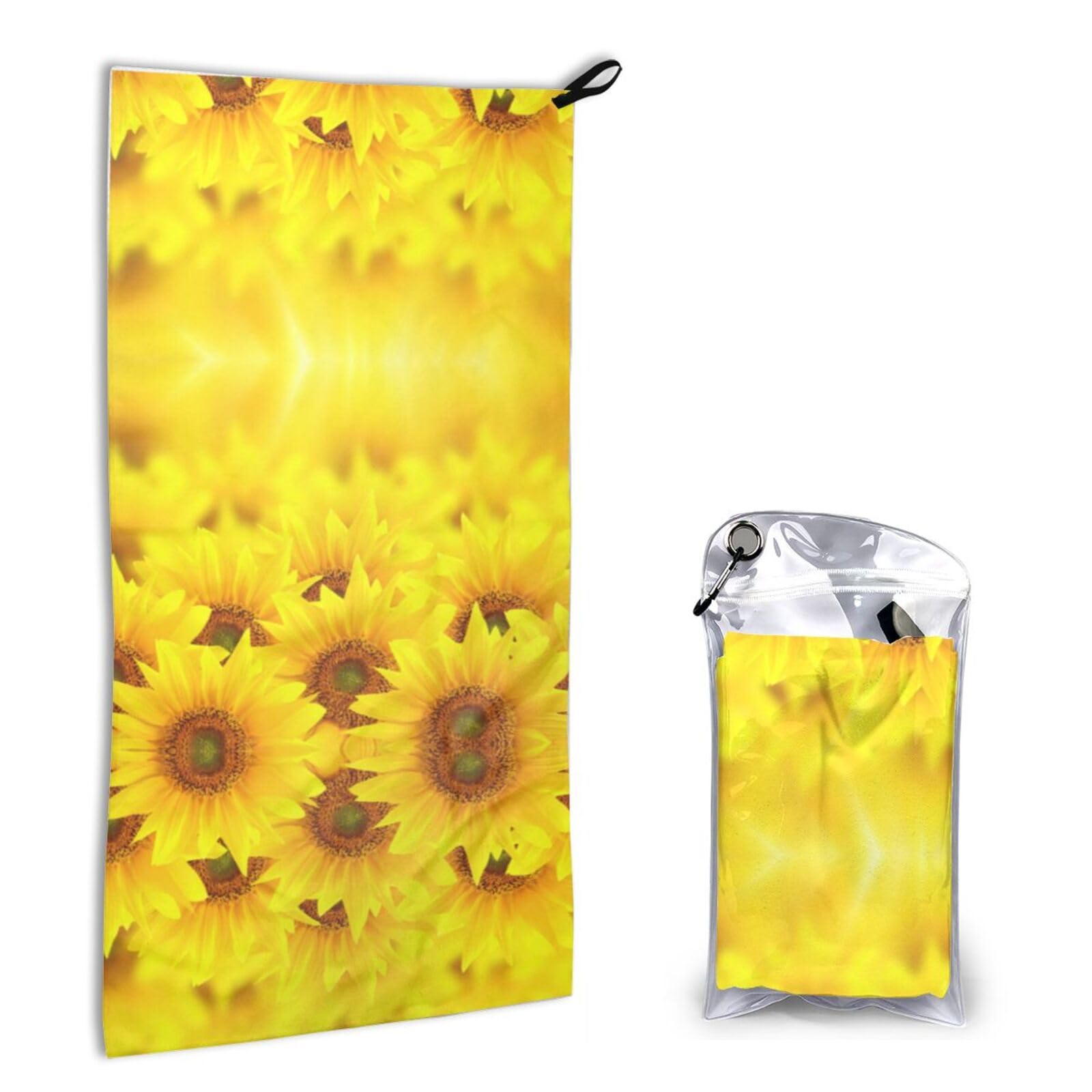 Yellow Sunflower Print Quick Dry Microfiber Towel 16x31.5 Inches, Super Absorbent Lightweight Compact Travel Towel With Carabiner & Carry Bag For Outdoor, Beach, Gym, Camping