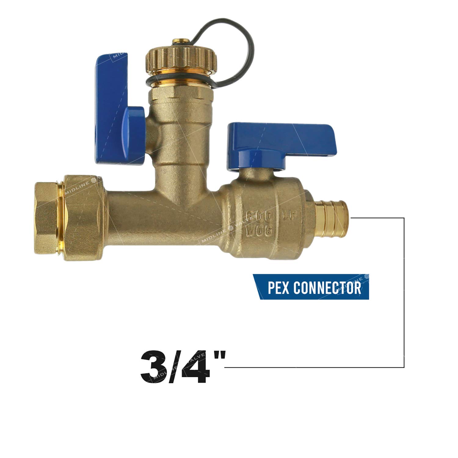 Midline Valve GUHW-JTP56-Q-MG Kit de calentador de agua sin tanque, juego de 2 válvulas de aislamiento de calor y frío resistentes con limpieza, latón forjado, 3/4 pulgadas Pex
