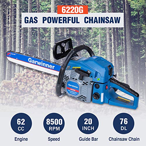 58cc Gas Chainsaws 20 Inch Bar Power Chain Saws, Gas Powered Chainsaw 2 Stroke Handed Petrol Gasoline Chain Saw for Cutting Wood Outdoor Garden Farm Home Use with Tool Kit 6220G - Thumbnail 2
