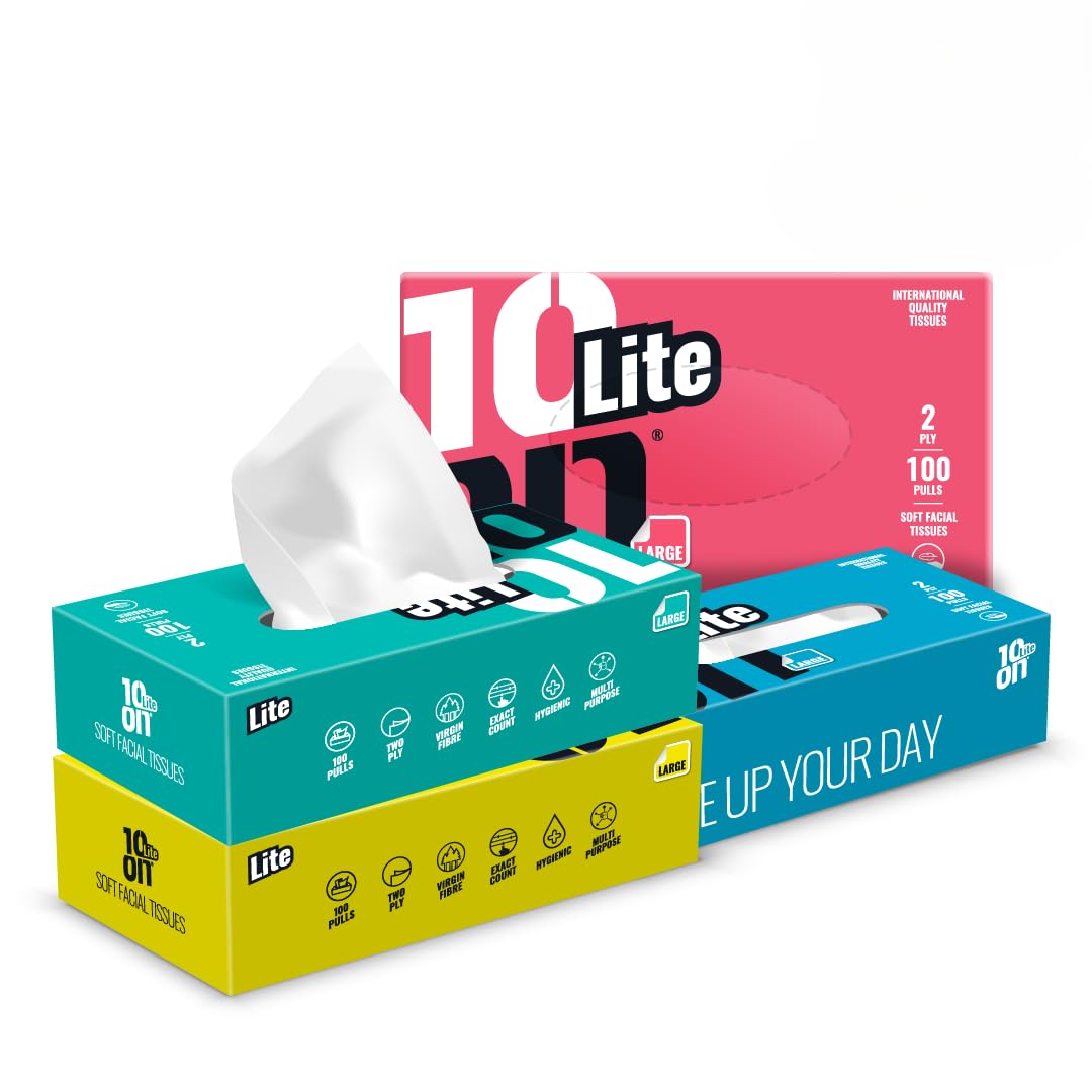 10on Lite 2 Ply Soft Facial Tissue Paper,Large Size Napkins, Pack of 4 (100 Pulls x 4 Box = 400 Pulls), Box Color May Vary-image-23