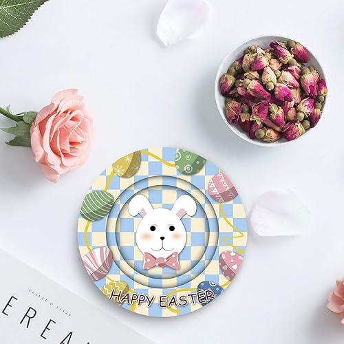 Miniatura 5 de Juego de 8 posavasos de cerámica para bebidas, diseño de conejo de dibujos animados de Pascua y huevos de coloful únicos, absorbentes, redondos, de