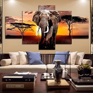 SUNYSUBY 5 Pcs Africa Grassland Elephant Large Framed Canvas Wall Art Oi...