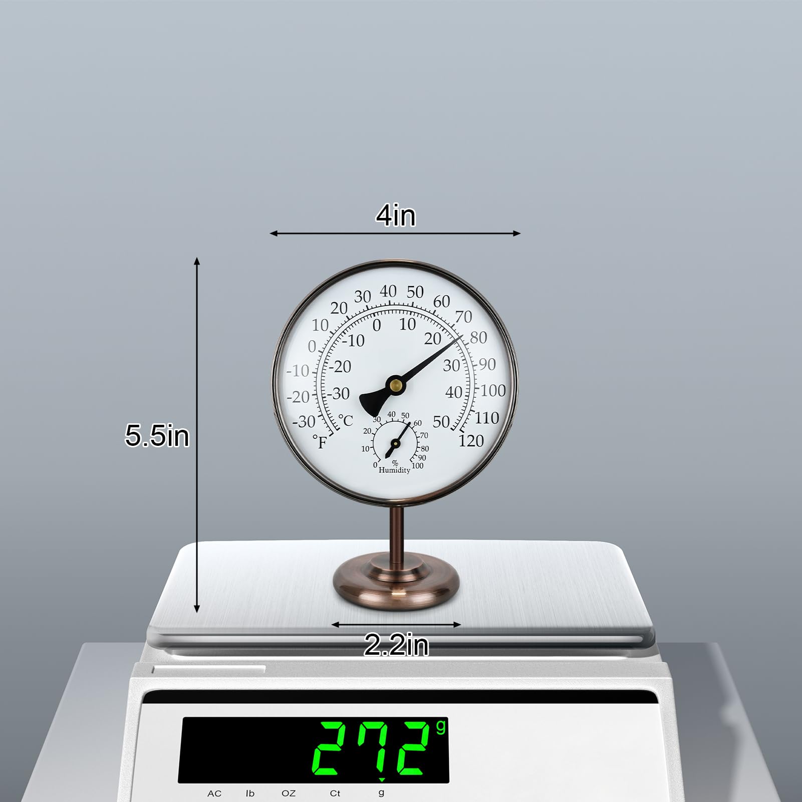 Thermomètre hygromètre d'extérieur de 10,2 cm – Jauge de température analogique en laiton massif avec support, pas de pile nécessaire – Cadran météo – Thermomètre hygromètre pour la maison, le bureau