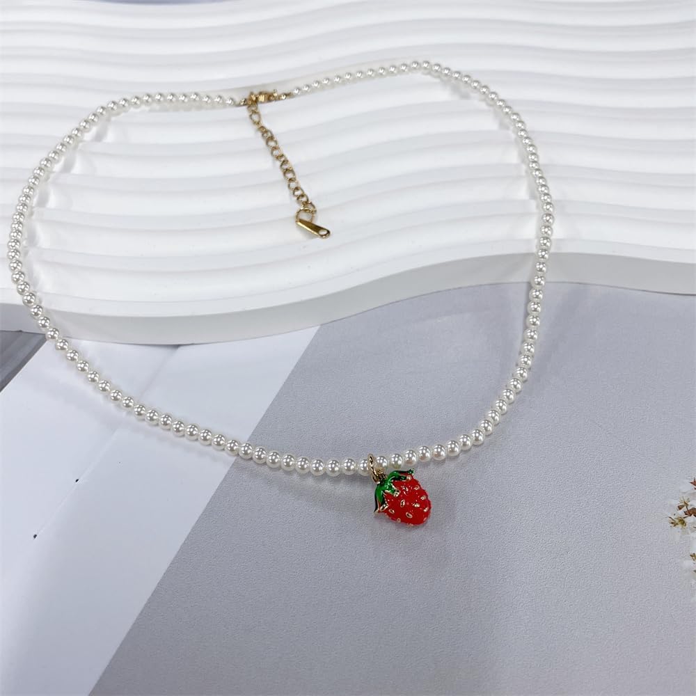 Cute Strawberry Pearl Beads Chain Choker Necklace for Women Gold Sweet Adorrable Pearls Beaded Clavicle Necklaces Lovely Fruit 3D Enamel Pendant Fresh Tropical Fruit Handmade Charm Holiday Jewelry Gifts - Image 3