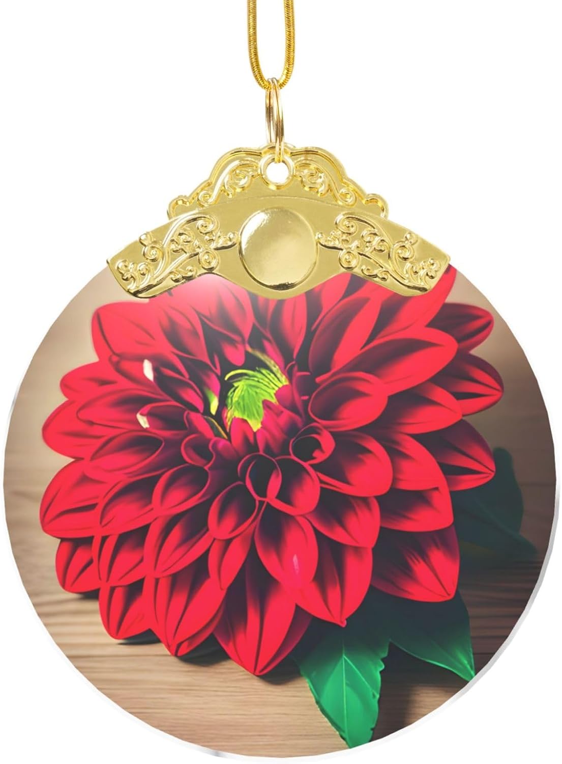 Wooden Board Retro Flower Red Dahlia Print Round Handmade Glass Pendant,Anniversary Present and Creative Indoor Decoration for Holidays