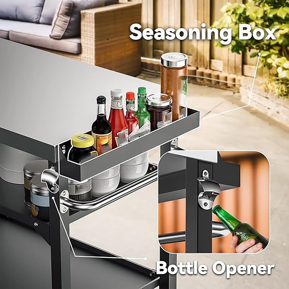 Tavolo da Pranzo da Esterno Portatile da 80Cm su Ruote Carrello per Barbecue in Acciaio Inossidabile A Tre Ripiani Tavoli Multifunzionali Preparazione dei Cibi,Argento