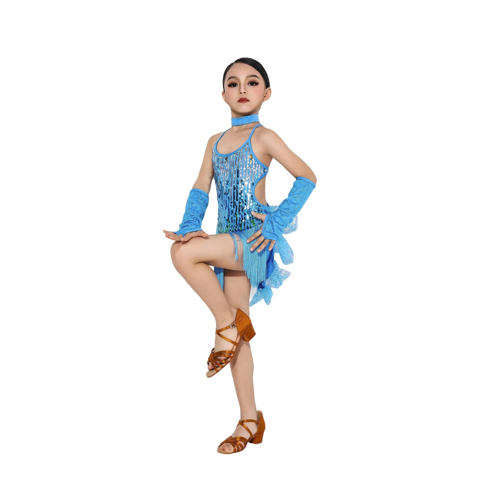 Vestito Latino Americano Bambina Abito da Ballo con Paillettes e Frange Body con Gonna Set con Manicotti e Collana Costume di Danza per Gara Spettacolo Vestiti Ballerine per Latino Cha Cha