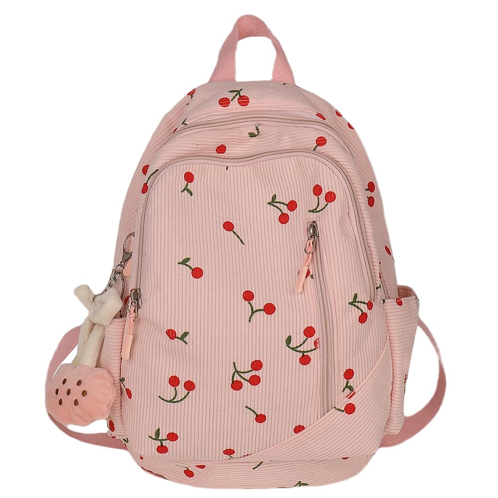 ARVALOLET Mochila de pana para mujer, diseño de cereza, multibolsillos, mochila de viaje, trabajo