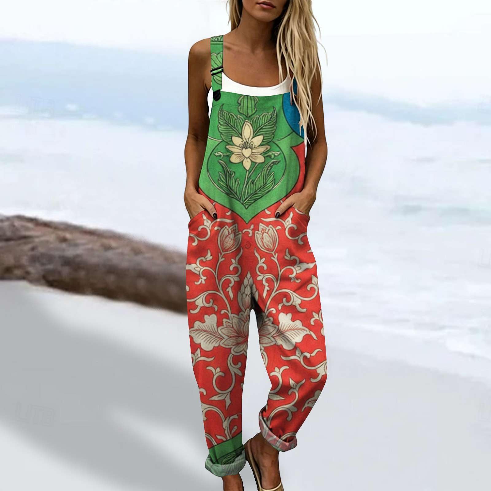 Genérico Peto Mujer Casual de Algodón y Lino Mono Verano Tallas Grandes Holgado con Tirantes Ajustables y Bolsillos Overol Estilo Bohemio de Una Pieza Suelto para Playa Vacaciones Fiesta Chic