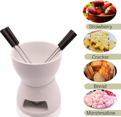 Miniatura 2 de Juego de ollas de fondue con 4 tenedores de cerámica calentador de mantequilla, juego de té de alta calidad, olla de fusión de porcelana para