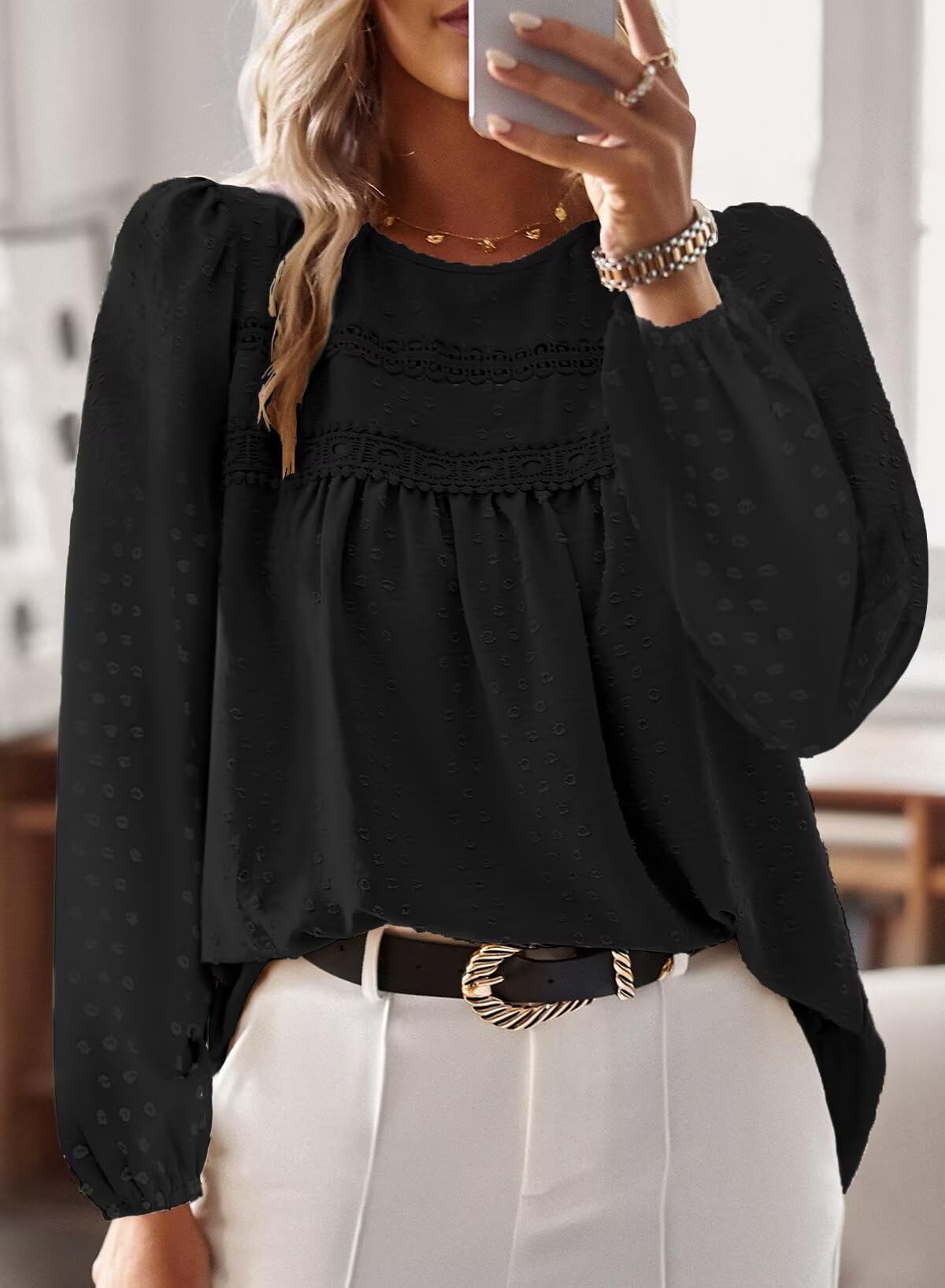 TUUHAW Camicia Donna Manica Lunga Autunno Boho Top con Scollo Rotondo Punto Svizzero Bluse Pizzo Elegante Maglietta Casual