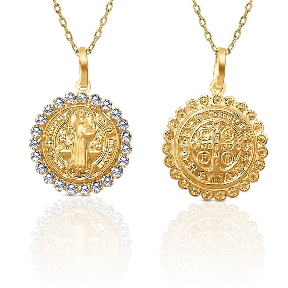 Medalla Colgante San Benito Oro de Ley 9 Kilates, con Circones Engastados, Medida 15 mm, y Cadena Incluida 45 cm