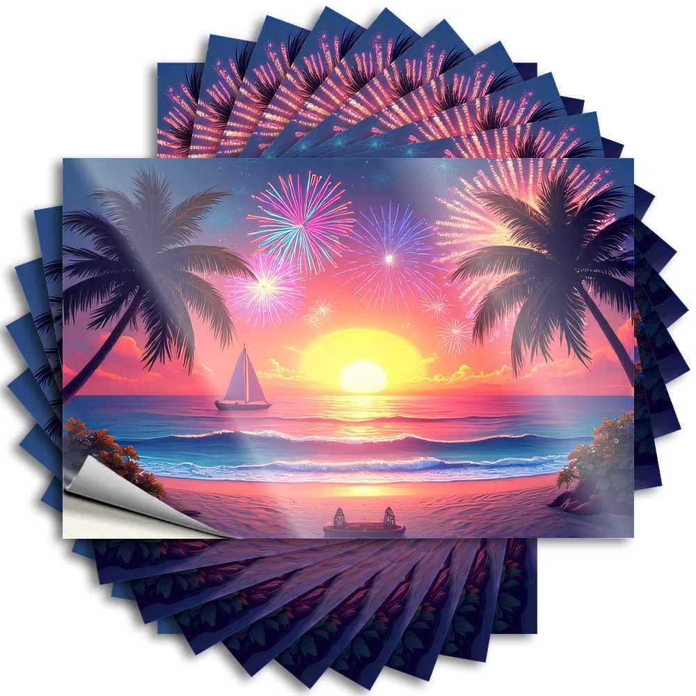 Decals Housewarming Peel and Stick - Beach Sunset with Fireworks and Sailboat Door Big Waterproof Vinyl for Adult(6X9CM)