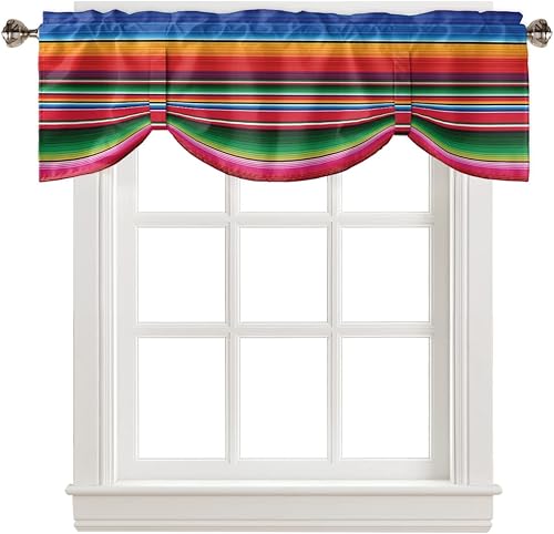 Cortina de cenefa de amarre a rayas mexicanas coloridas para cocina, sala de estar, dormitorio, baño, cafetería, bolsillo para barra, panel pequeño