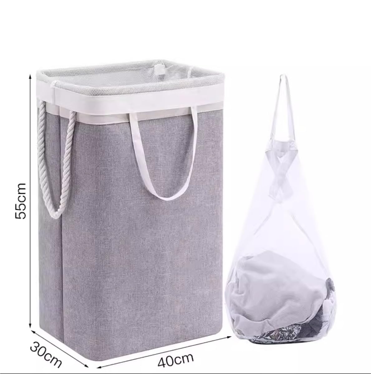 Cesto Ropa Hamper Cesto para La Colada Plegable con Asas Y Bolsas De Malla, Cesta Alta para para Dormitorio Baño Familiar Accesorio Lavandería(Light Gray)