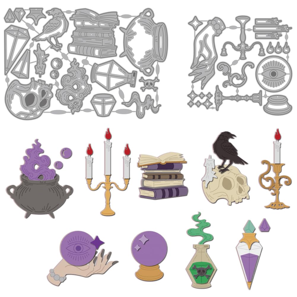MAYJOYDIY Halloween Die Cuts Magic Potion Cutting Dies Witch Skeleton Metal Embossing Stencil Crystal Ball Carbon Steel Die Cuts for DIY Scrapbooking Photo Album Paper Embossing Card Making Decor