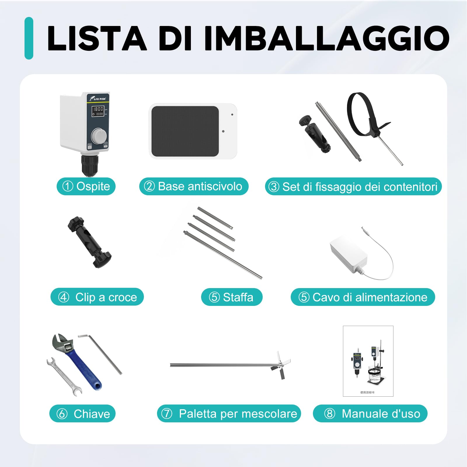 LAB FISH Agitatore a Immersione Overhead Stirrer, Miscelatore da Laboratorio 50W con Pala e Supporto Acciaio Inox, Velocità Regolabile 100-2000 RPM, Timer 1min-24h, per 20L & 20000 mPas