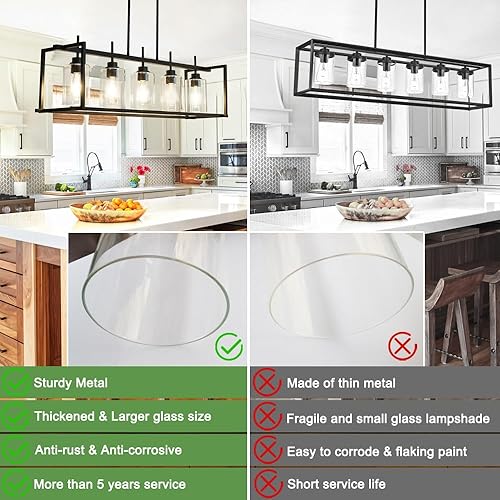 Miniatura 3 de DSMJFU - Lámpara de araña de granja para comedor, rectangular, 5 luces, isla de cocina, comedor, lámpara sobre mesa, luz rústica negra para isla de