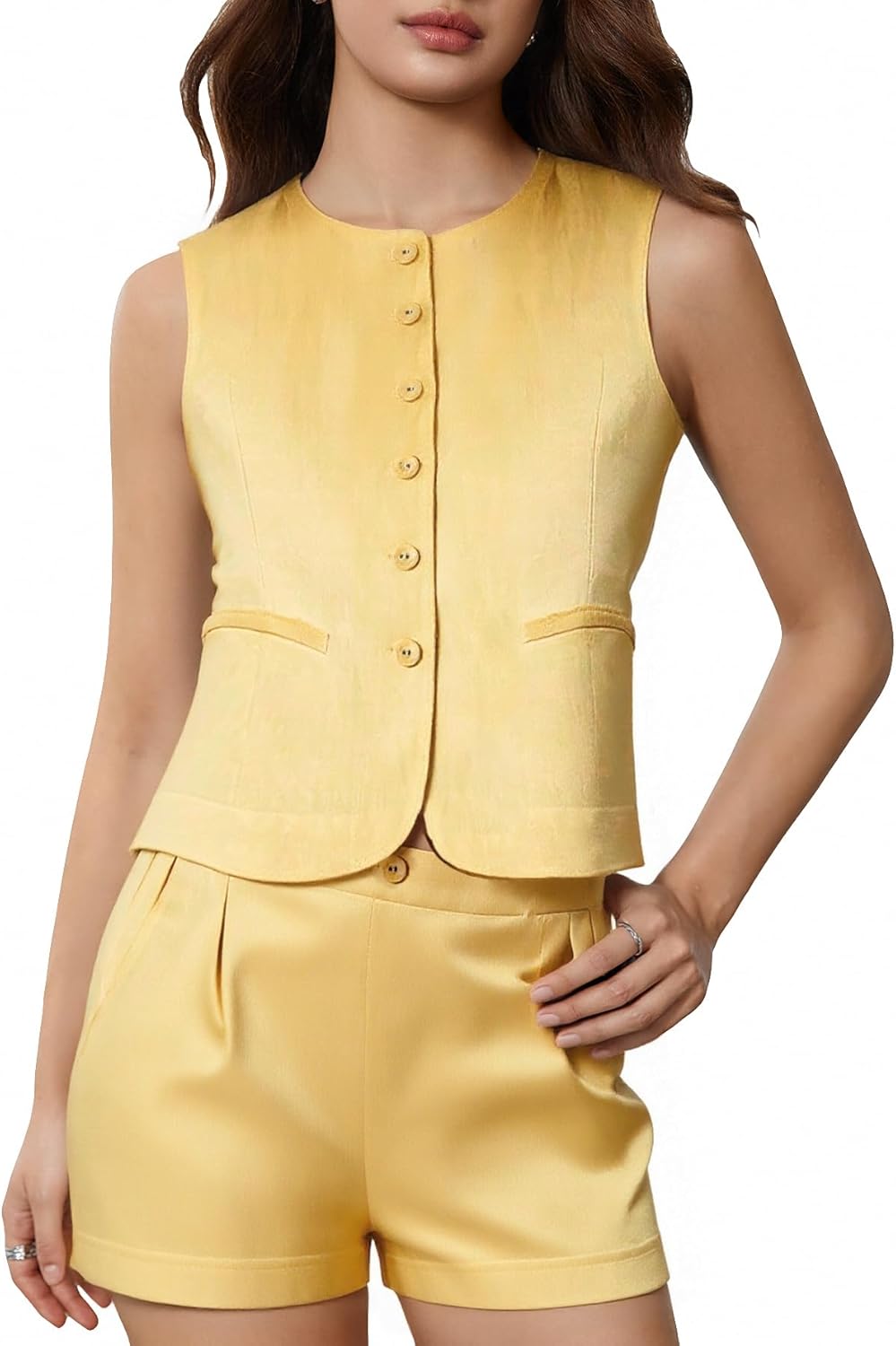 Women's 2 Piece Work Office Outfits Button Up Crew Neck Blazer Vest and Wide Leg Shorts Summer Sets