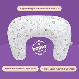 Boppy Nursing Pillow - Ergonomic Bottle & Breastfeeding Pillow with High, Firm, Large Area, Water-Repellent Cushion with Washable Cover; Baby Safety Alliance Verified - Gray Gentle Leaves