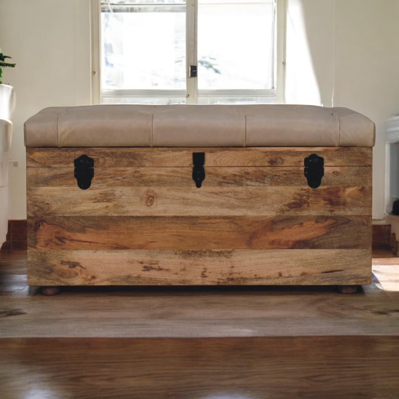 Solid Wood Hide Leather Upholstered Storage Trunk, Beige and Brown