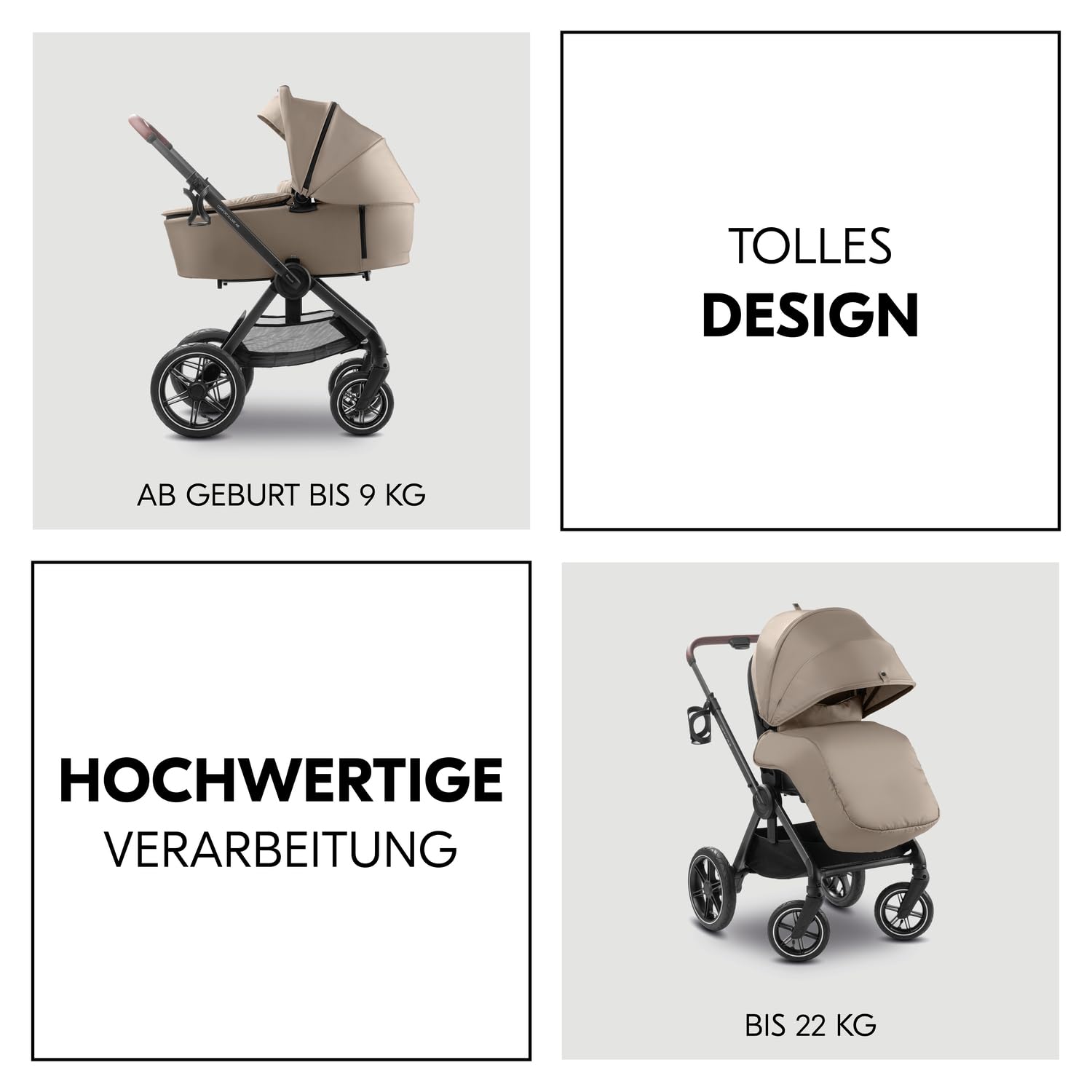 Hauck Comfort N Care Air Set Mocha 2in1 Kinderwagen mit Luftreifen, Wanne mit Memory Knöpfe, Wendbarer Sitz mit Beindecke & Liegefunktion bis 22 kg, Höhenverstellbar, inkl. Adapter