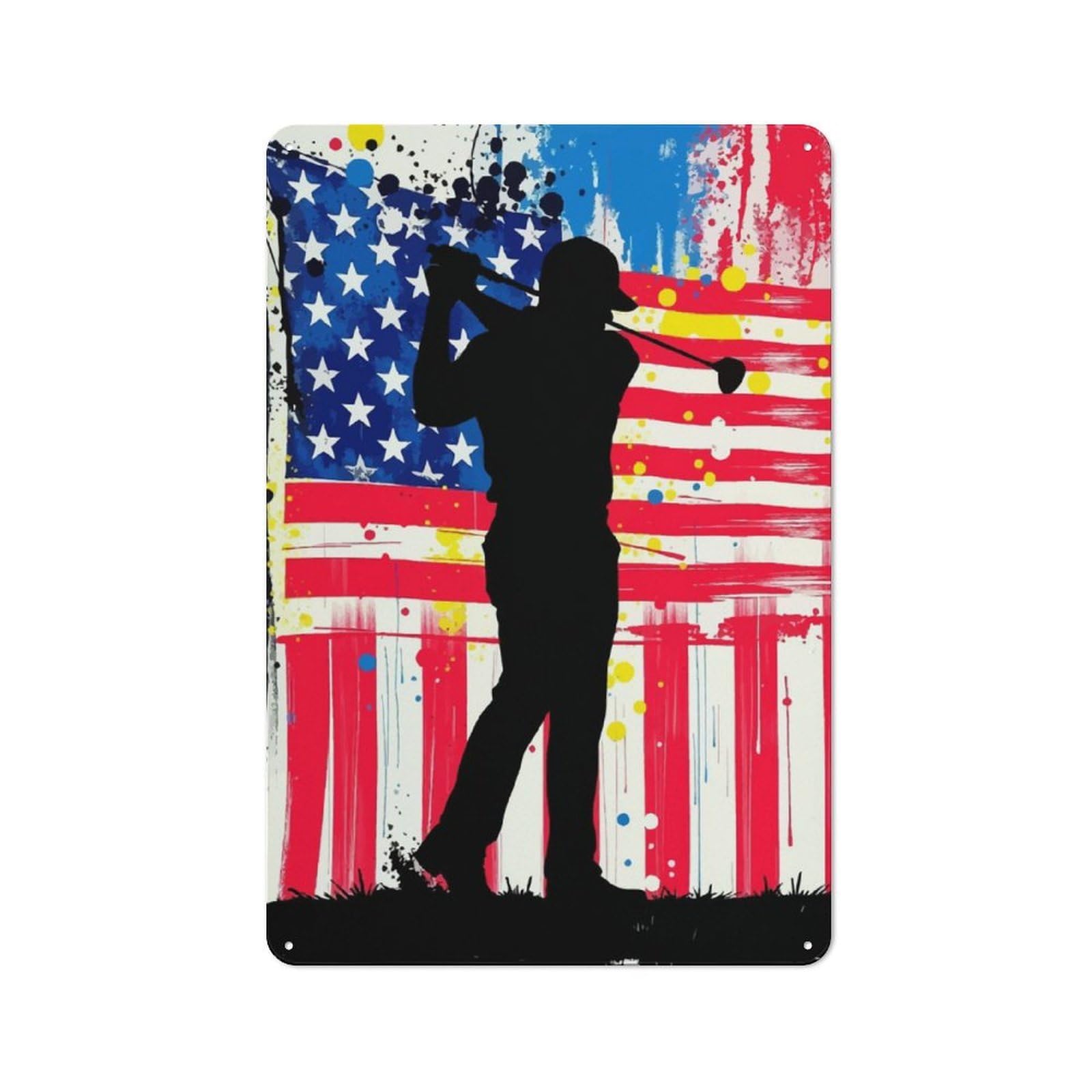 Junmoney Golfing American Flag Metal Wall Plaque 30X20cm, Simple Retro Office Wall Decor For Office, Study, Studio Or Hallway