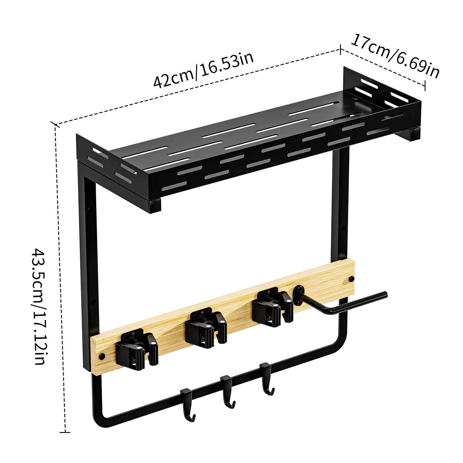 Soporte para escoba montado en la pared con estante, organizador de herramientas de limpieza de metal resistente, estante de almacenamiento al vacío con ganchos para cocina, baño, lavadero