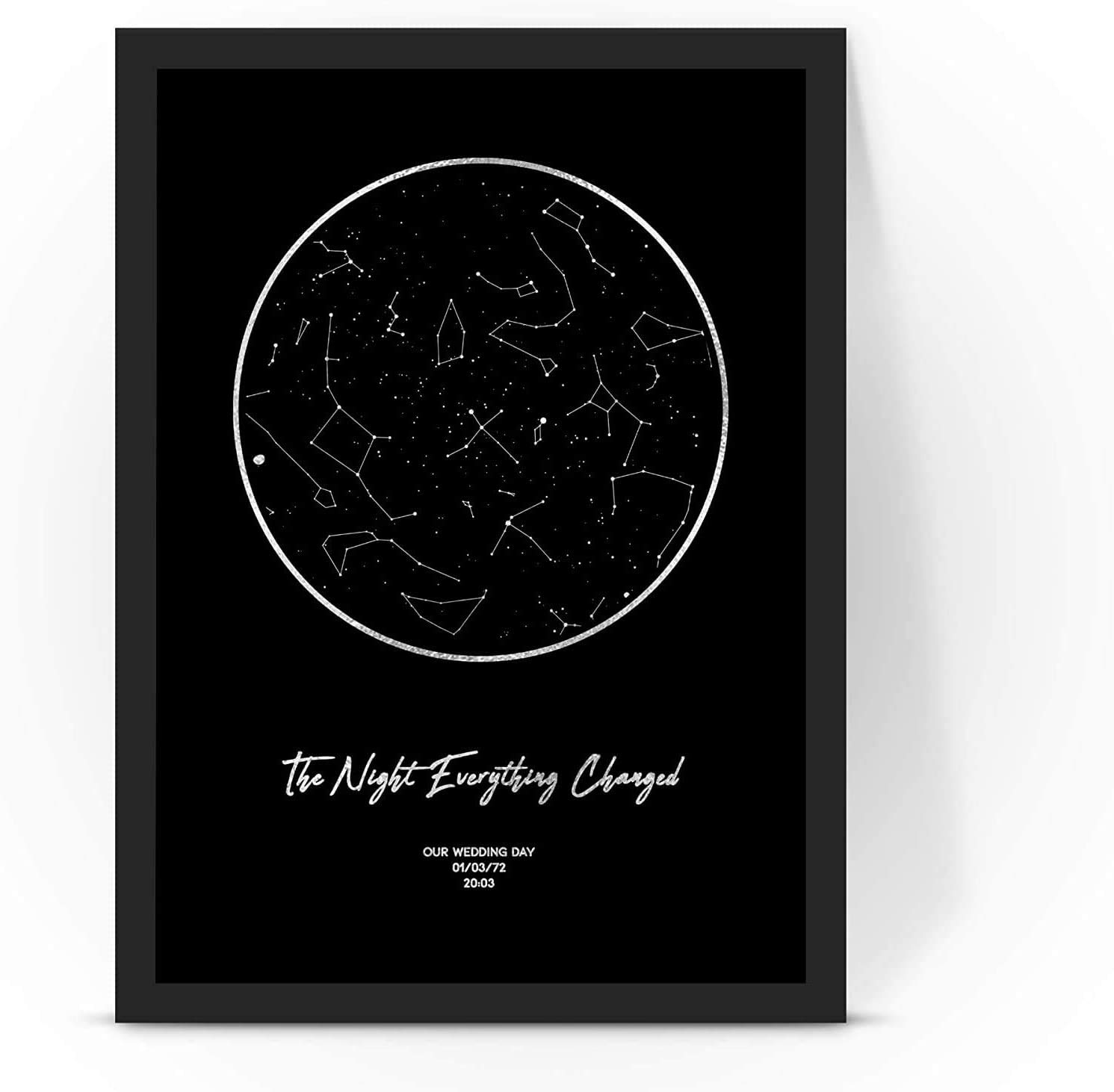 Forefrontdesigns White Personalised The Night Everything Changed Silver Foil Star Map Poster Print, Framed/Unframed (A4 Print (210X297mm) 8.27X11.69 In) (A4 Print With Frame)