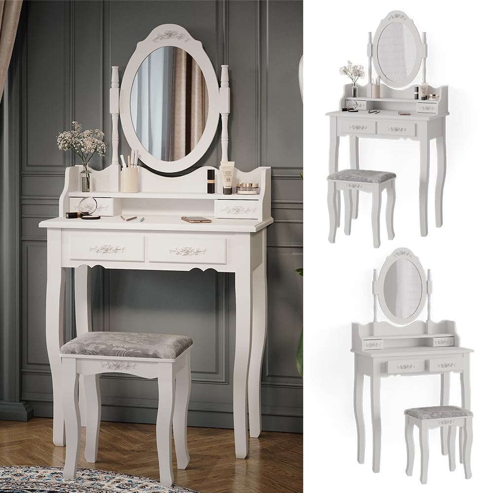 Vicco Tavolo da toeletta Meghan, Bianco, 75 cm | con sgabello, con sgabello e specchio ovale fissato in modo permanente
