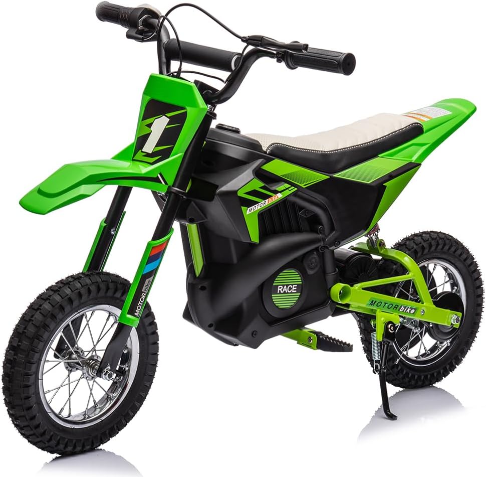 24V Electric Off-Road Motorcycle,250W Motor 13.6MPH Fast Speed Motocross,Leather Seat Dirt Bike,Twist Grip Throttle,Metal Suspension,Air-Filled Tires,for Kids Teens Age 13+ (Green)