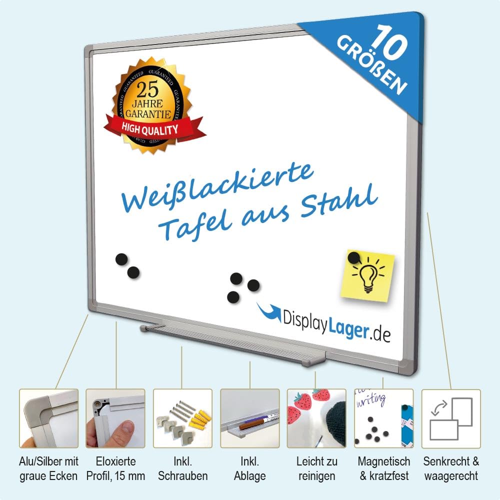 DisplayLager Whiteboard Magnetisch Lackiert - Ideal für Office, Schule, Lehrerzimmer, Küche und Seminarräume, 25 Jahre Garanti (150 cm x 100 cm)