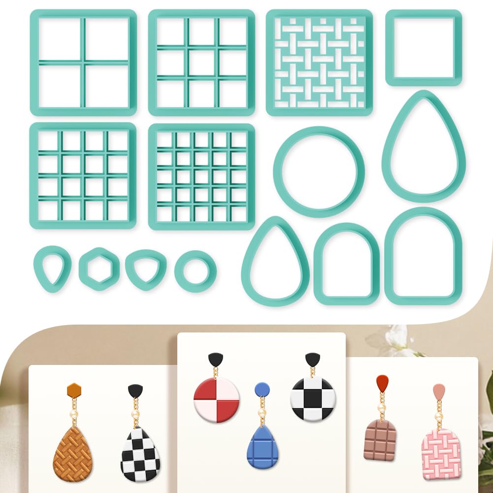 beinkmake 15Pcs Square Polymer Clay Cutters Checkered Grid Clay Earrings Cutters Polymer Jewelry Cutter for Earrings Making Birthday Party DIY Supplies