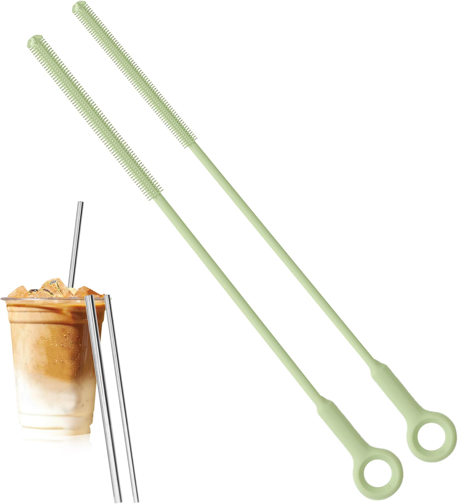 Straw Cleaner Brush-Silicone,2Pcs,Large & Small Head,Avocado Green