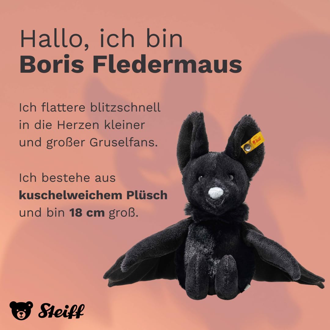 Steiff Kuscheltier Boris Fledermaus, Süßes Stofftier, Kinder, Jungen & Mädchen, Friends, Plüschtier 18 cm, Klein, Schwarz, 056604