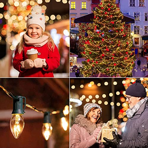 Image of C7 Christmas Lights Outdoor, 25Ft C7 Warm White Christmas Decorations String Lights with 27 Clear Incandescent Bulbs, Vintage Christmas Lights for Roofline House Garden Patio Xmas Tree Party, Green