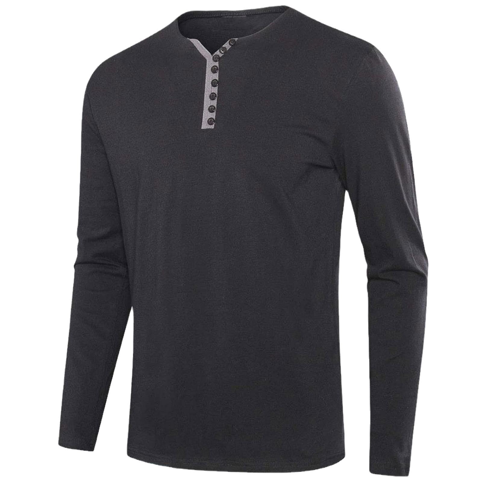 Herren Solid Button Henley Kragen T-Shirt Männer Slim Fit Tee Shirt Langarm Basic Herbst Frühling Männer Kleidung Tops, Schwarz , L