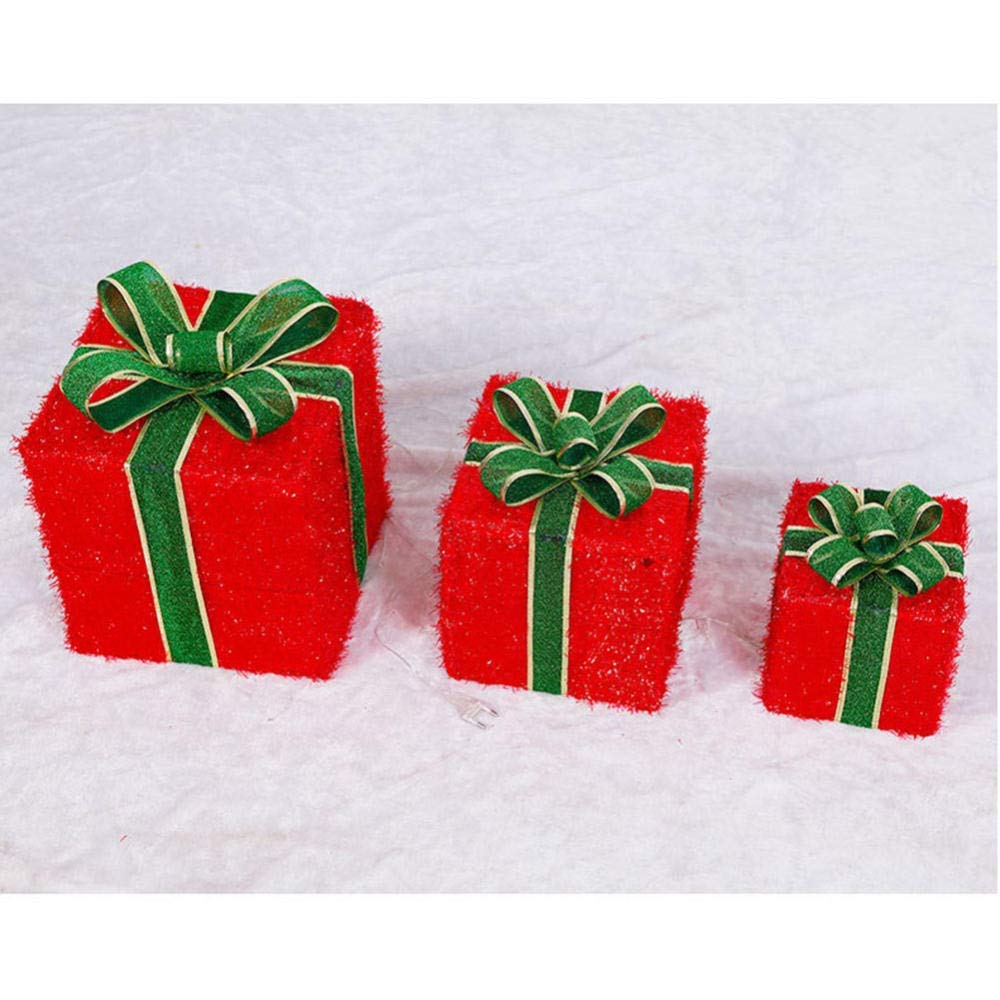 Cajas de regalo para Navidad, Cajas de regalo LED de tela de hierro con iluminación navideña, juego de 3 paquetes decorativos de Navidad, luces blancas cálidas, decoración interior y exterior(Rosso)