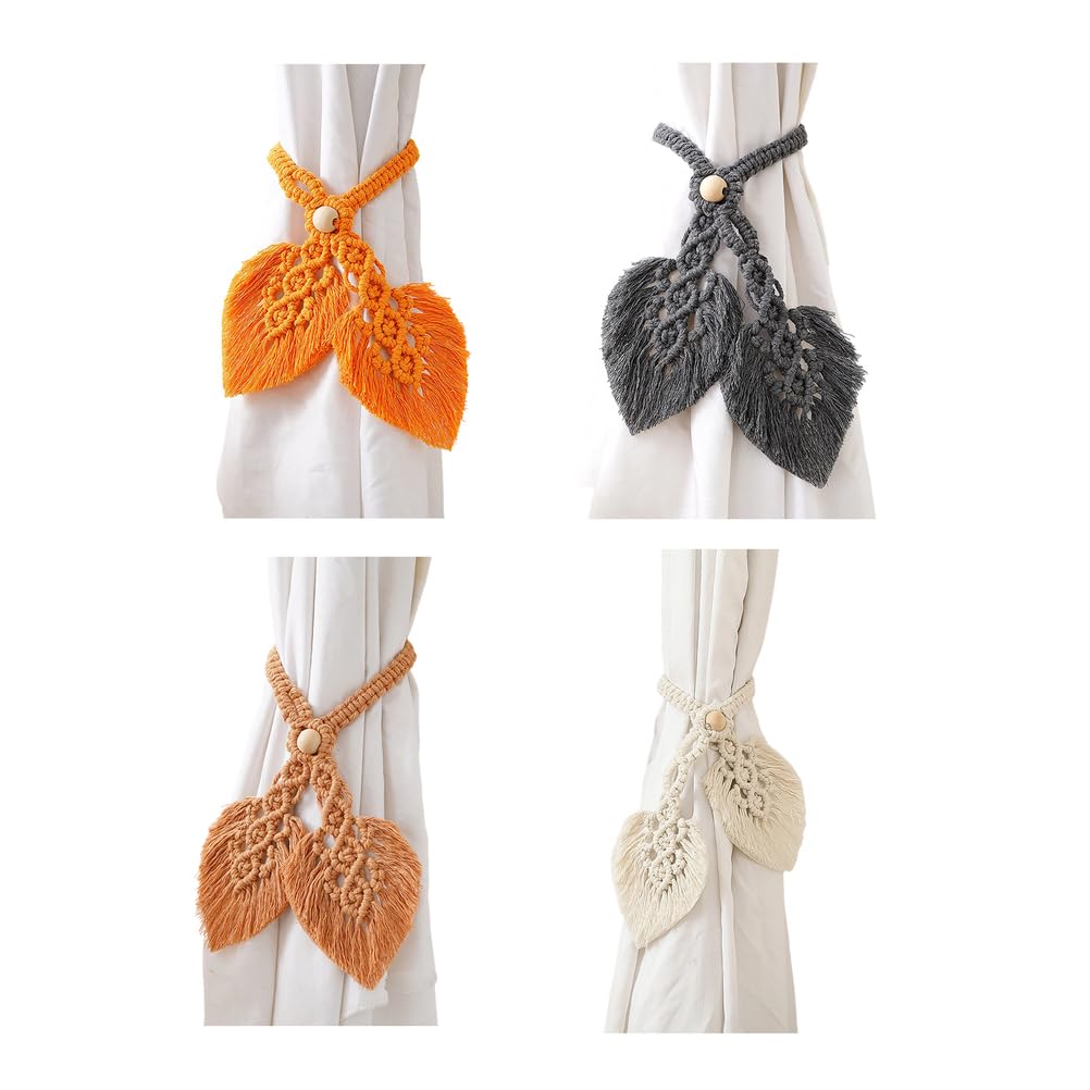 4PCS Boho macramé Rideau embrasses Feuille Pompon Design tissé à la Main Corde de Coton Ferme Rideau Attacher Dos Supports,4pack