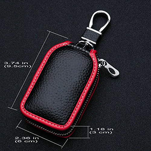 Car Key Case - Superior Genuine Leather Auto Key Fob Holder Smart Keychain Protector Cover With Metal Hook And Zipper (Black Red Edge) #TOP1