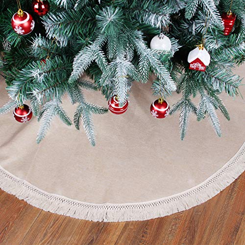 Jupe de sapin de Noël en lin et pompons, décoration de Noël pour intérieur, extérieur, fête de Noël, fête du Nouvel An, taille unique, blanc Cover