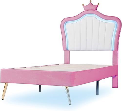 Miniatura 29 de Moderna base de cama de madera maciza de tamaño matrimonial para niños con cabecera en forma de corona, marco de cama tapizado de princesa con luces