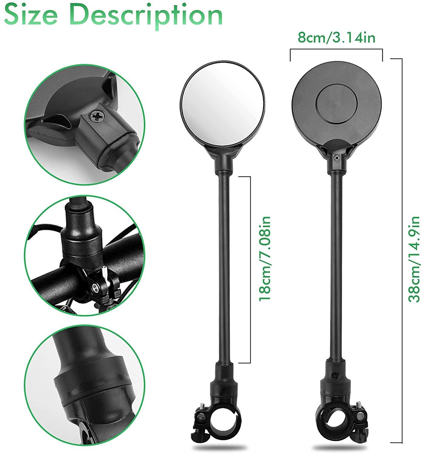 easyBee 2 x lusterko wsteczne do roweru 21 – 33 mm, szerokokątne, bezpieczne lusterko wsteczne 3D, regulowane o 360° i obrotowe, rower szosowy, motorower