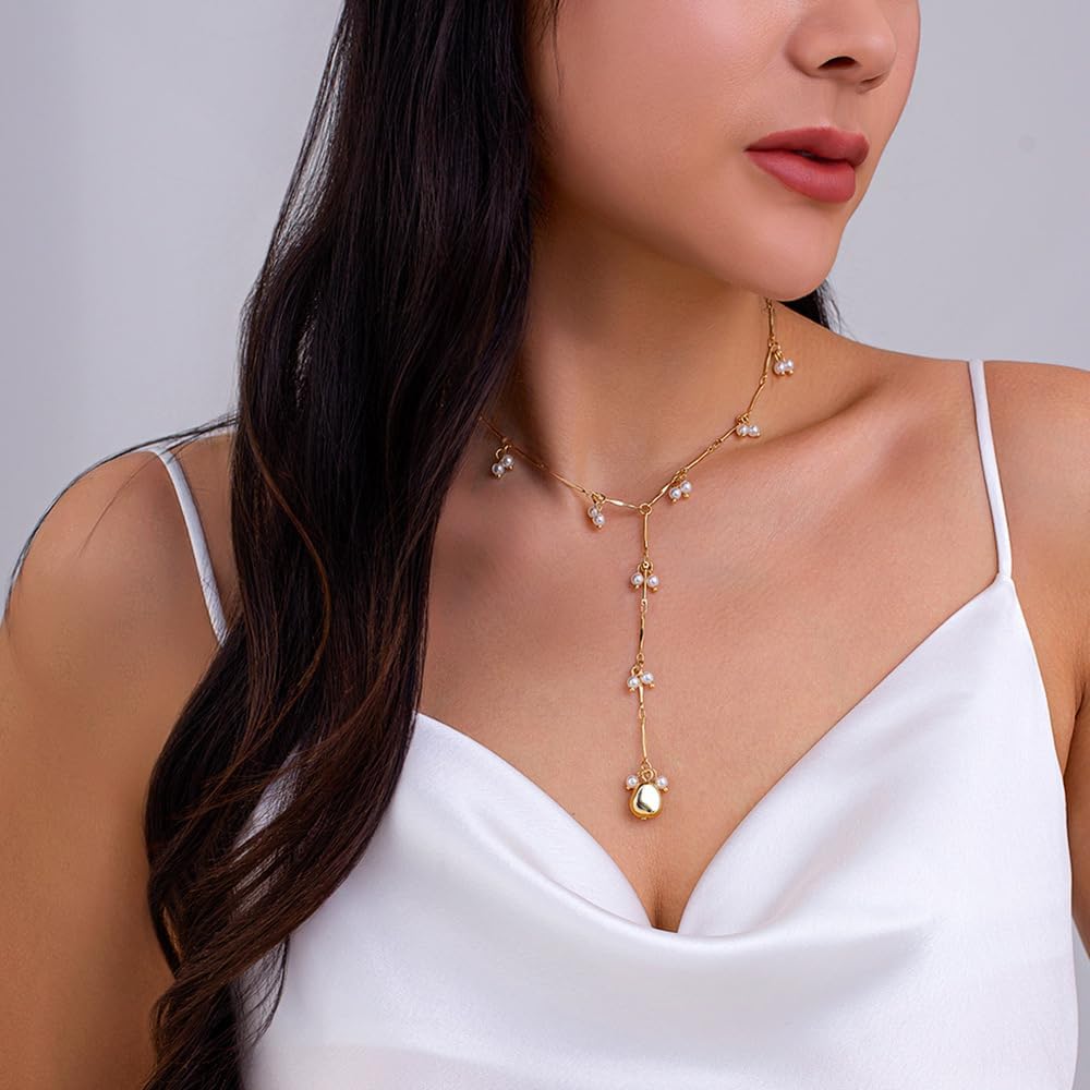Gold Long Pearl Lariat Necklace for Women Trendy Vintage Adjustable Y Chain Pendant Choker Minimalist Lasso Necklaces Wedding Jewelry Accessories - Image 5