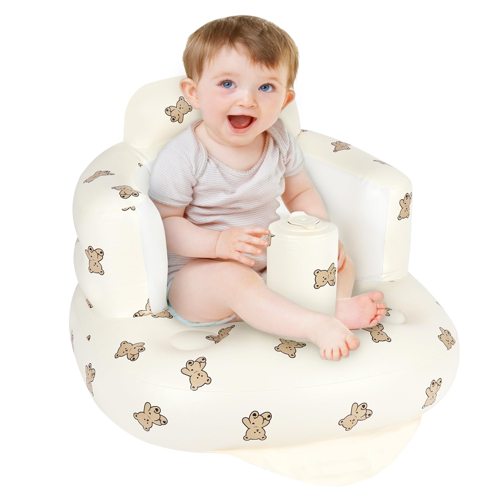 Alaoo Aufblasbarer Babysitz, tragbarer aufblasbarer Babysofasitz mit eingebauter Luftpumpe, Kleinkind-Trainingssitz für Babys über 3 Monate, Kleinkind-Bodensitz für Reisen, Bärenkopf