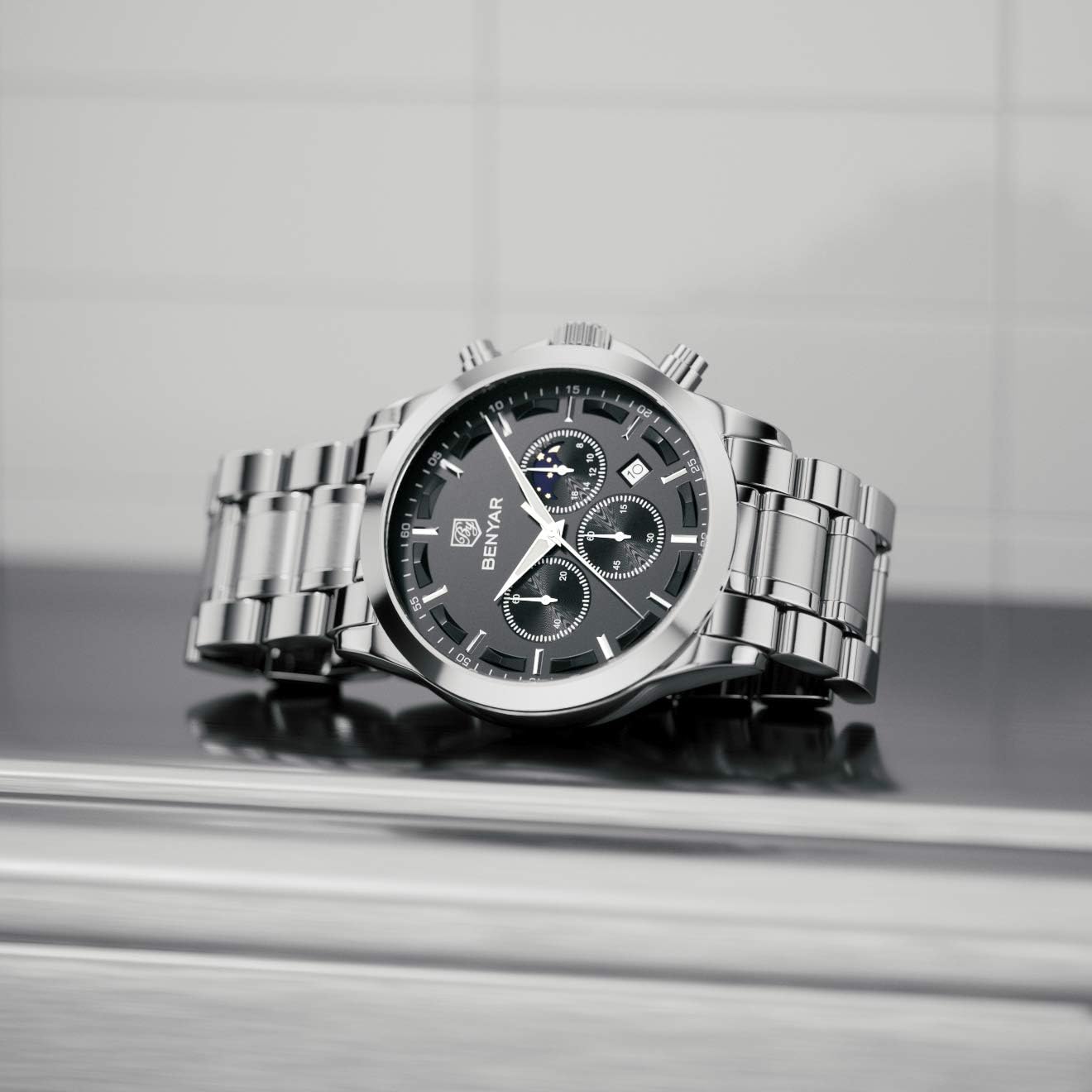BENYAR Mens Watch Analog Quartz Movement Chronograph Stylish Casual Wristwatch with Stainless Steel Bracelets Waterproof Luminous Date Watches Elegant Gift for Men