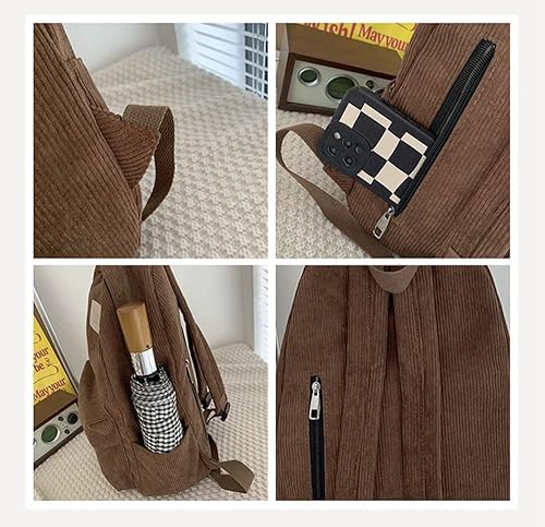 Miniatura 3 de JHTPSLR Light Academia Mochila Estética Mochila de pana Mochila Preppy Mochila sólida Mochila de pana para portátil Mochila de día, Marrón, Mochila